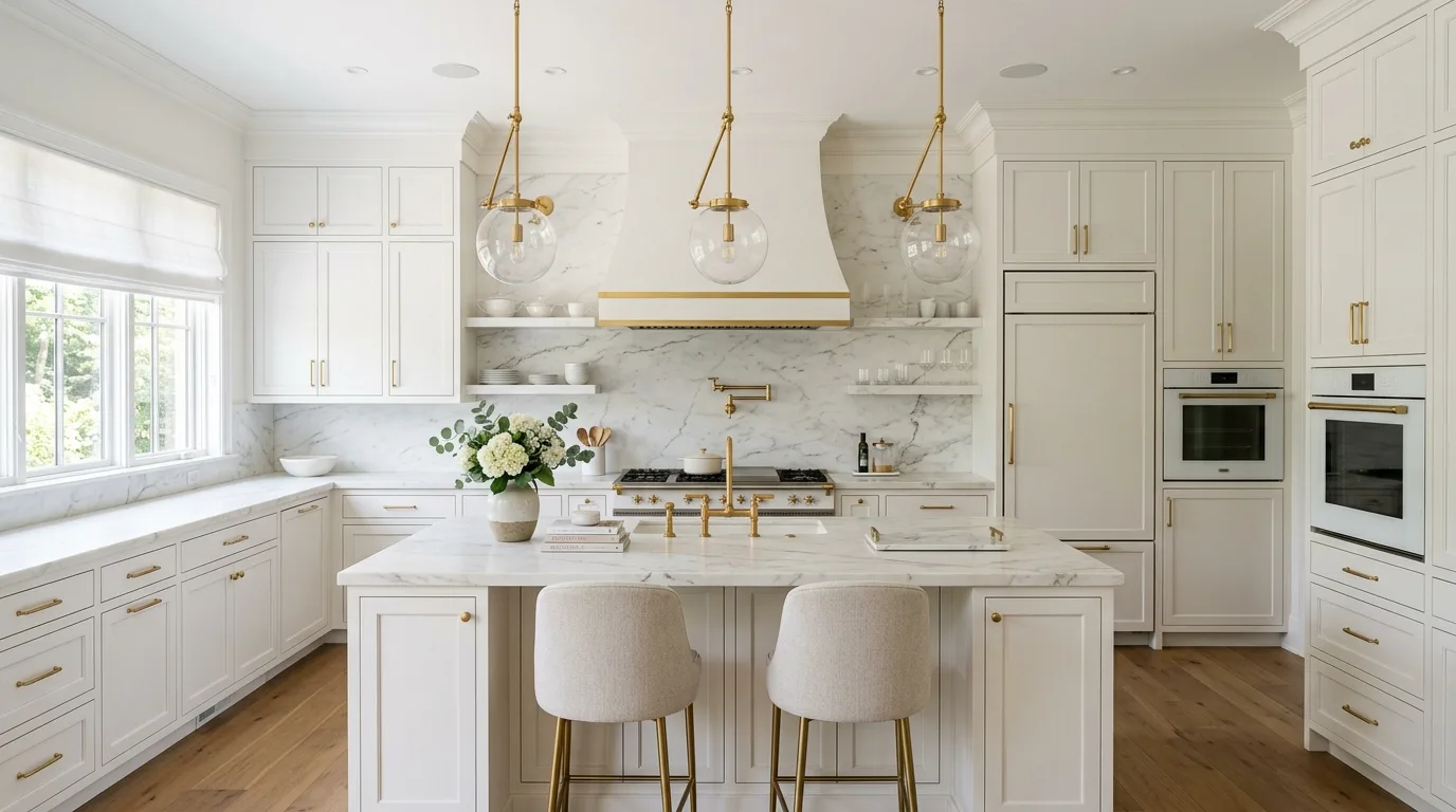Repeat curved details to soften the room inspiration for a bright white kitchen.